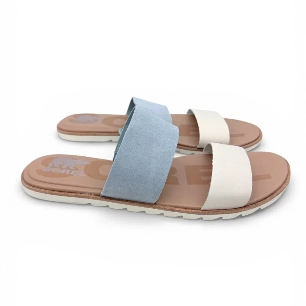 SOREL Ella II Women’s Leather Slide Sandal Crushed Blue Chalk Size 10